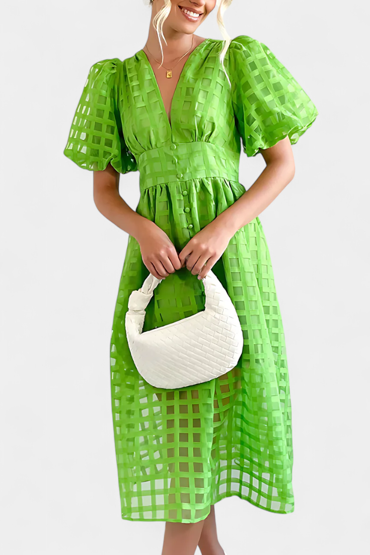 Marigold Midi Dress with Puff Sleeves and Square Design