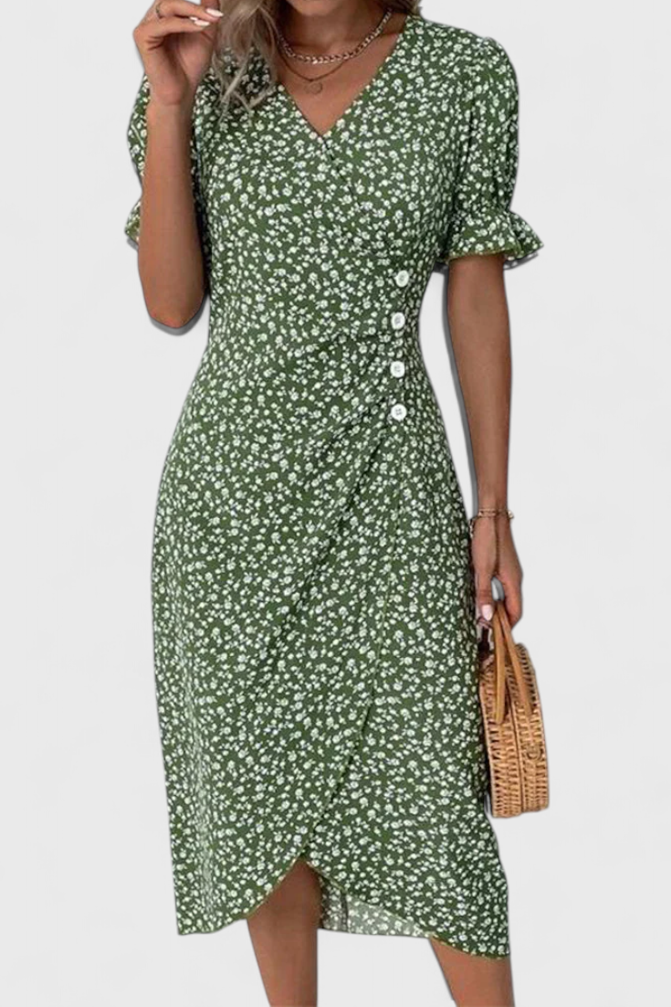 Joana Floral Midi Dress with V-Neckline and Short Sleeves