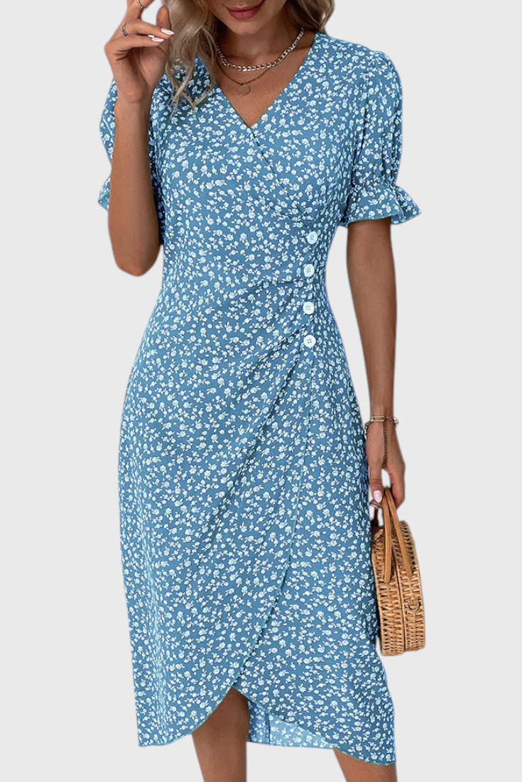Joana Floral Midi Dress with V-Neckline and Short Sleeves