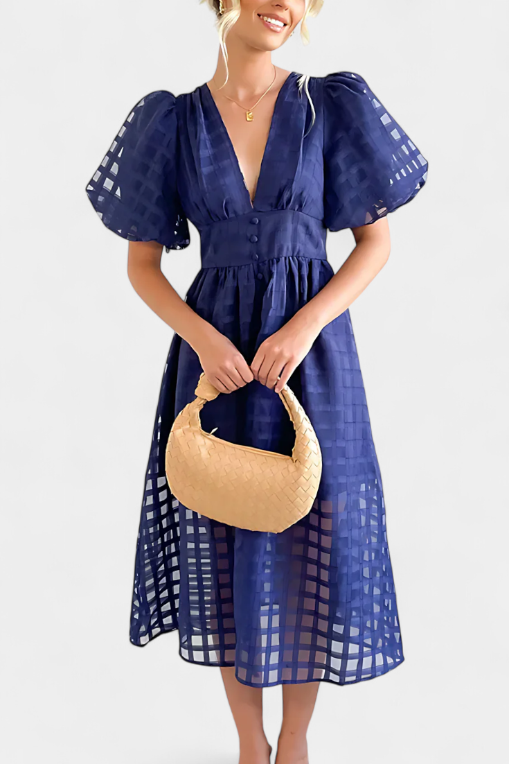 Marigold Midi Dress with Puff Sleeves and Square Design