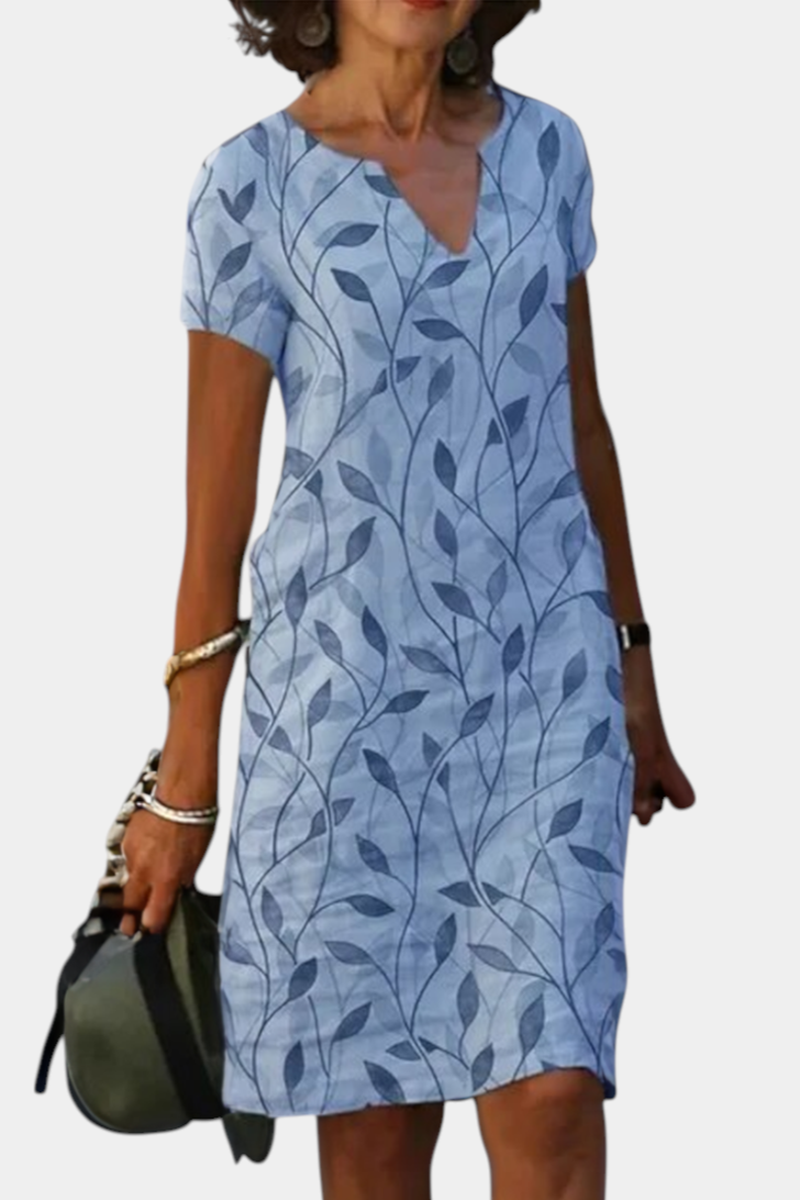 Elowen Casual Printed Shift Dress with V-Neckline
