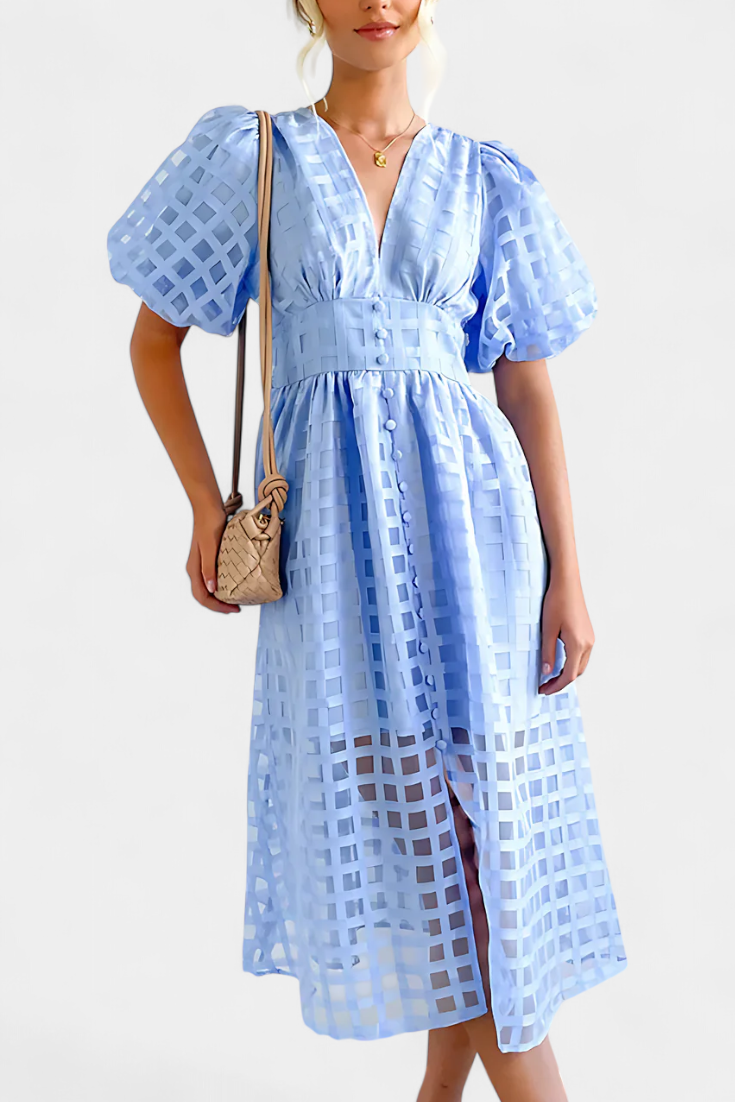 Marigold Midi Dress with Puff Sleeves and Square Design