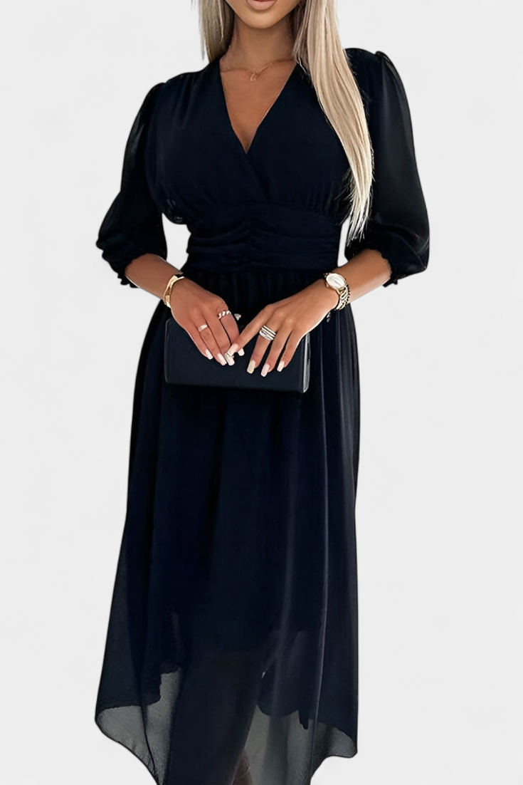 Dorina Chic Midi Dress with V-Neckline and Light Sleeves