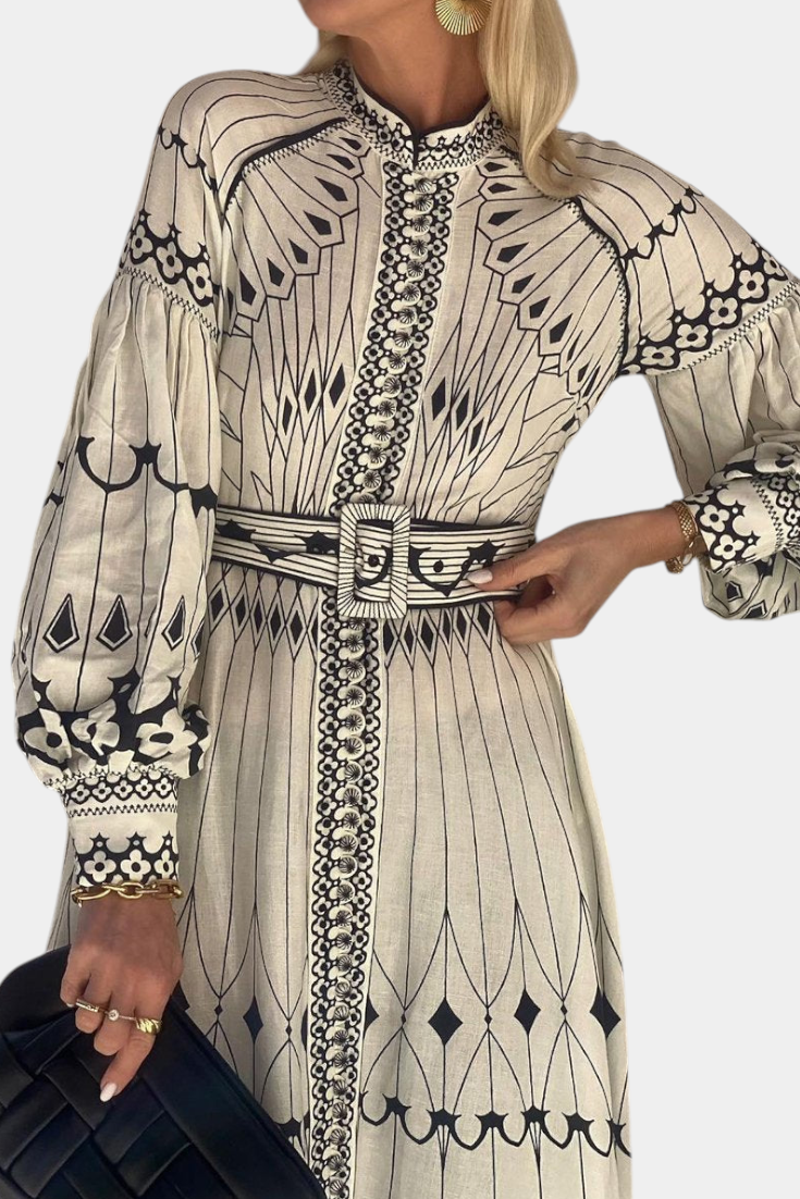 Soria Maxi Dress with Embroidered Button in Folk Style