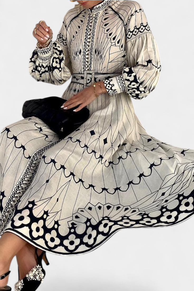 Soria Maxi Dress with Embroidered Button in Folk Style