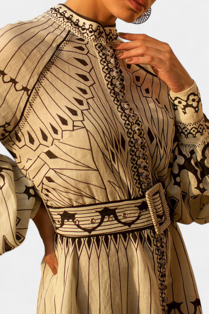 Soria Maxi Dress with Embroidered Button in Folk Style