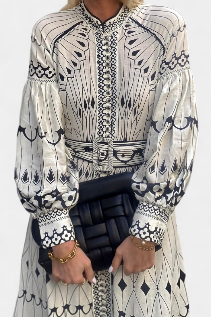 Soria Maxi Dress with Embroidered Button in Folk Style