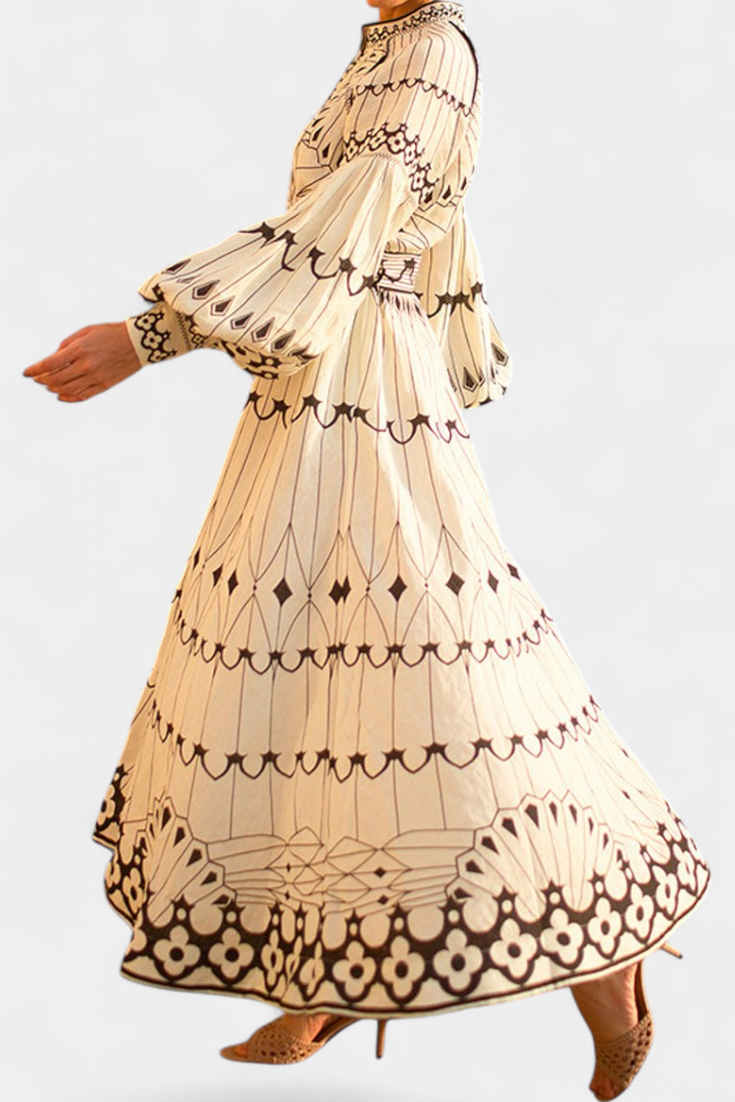 Soria Maxi Dress with Embroidered Button in Folk Style