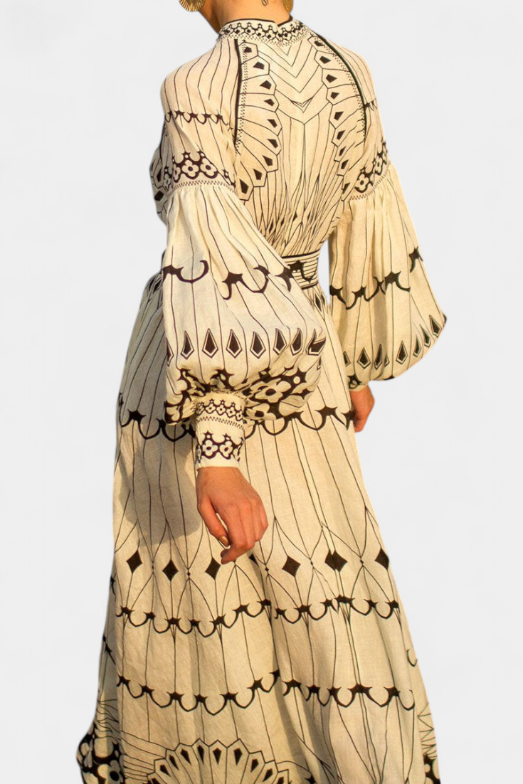 Soria Maxi Dress with Embroidered Button in Folk Style