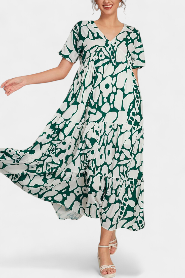Nélida Long Dress with V-Neckline and Flowy Print