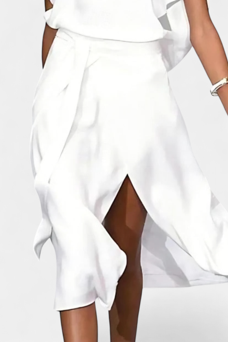 Effie White Wrap Dress with Openwork Neckline and Front Slit