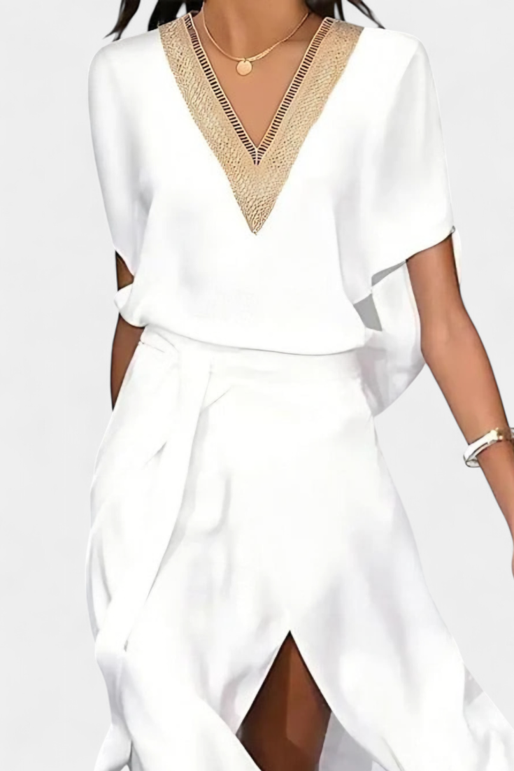 Effie White Wrap Dress with Openwork Neckline and Front Slit