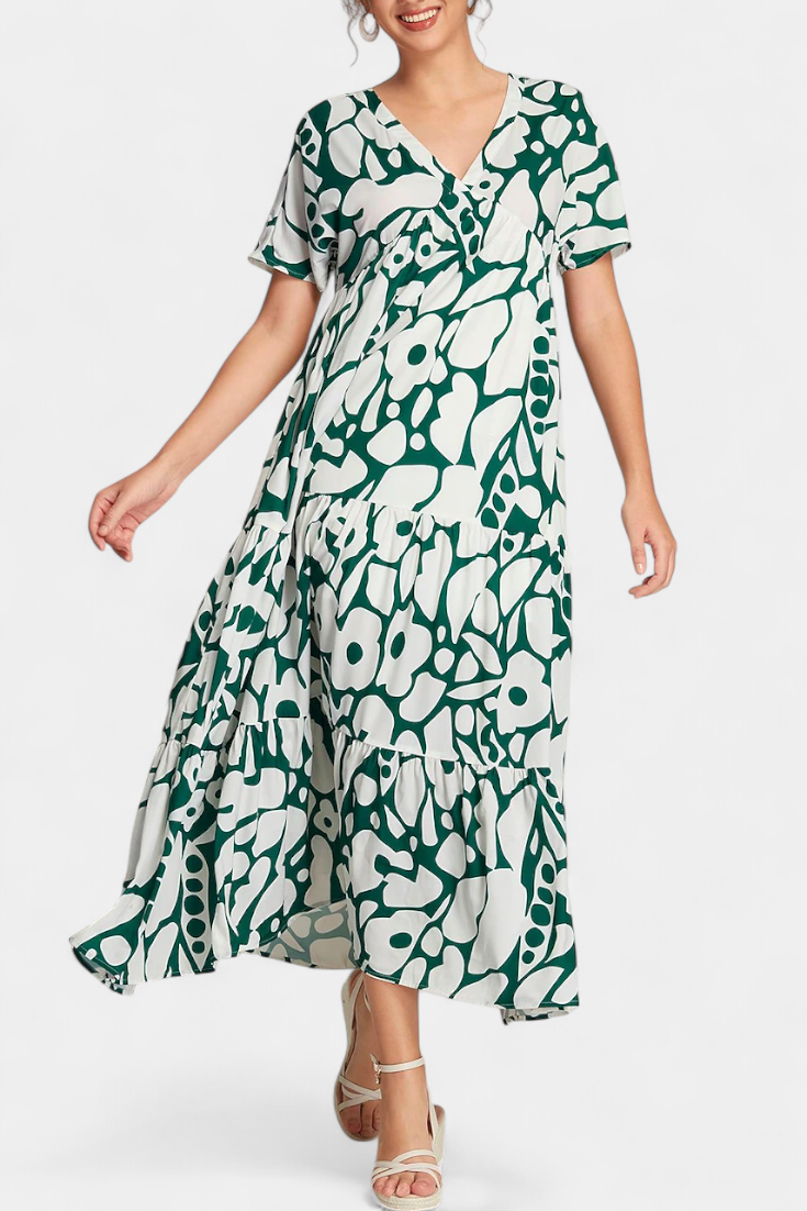 Nélida Long Dress with V-Neckline and Flowy Print