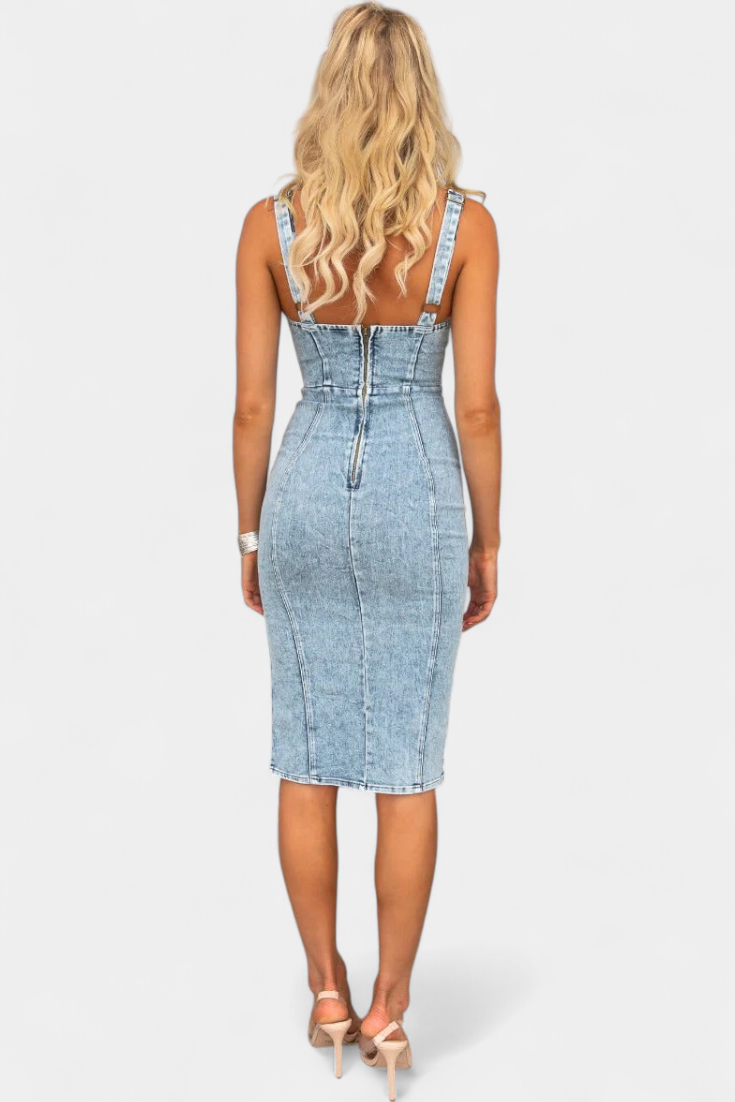 Janessa Denim Dress with Adjustable Straps and Front Slit