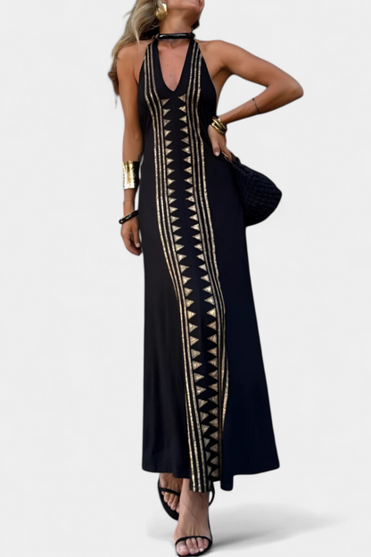 Long Halter Dress with Open Back and Gold Print
