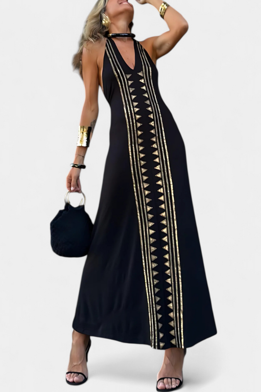 Long Halter Dress with Open Back and Gold Print