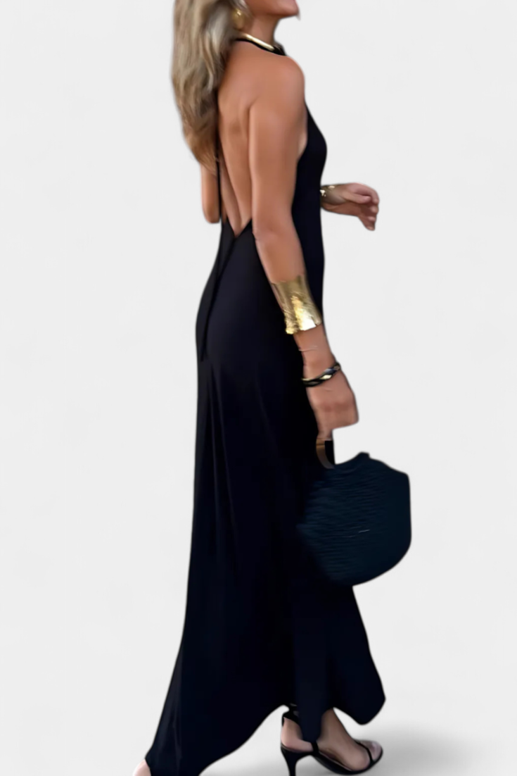 Long Halter Dress with Open Back and Gold Print