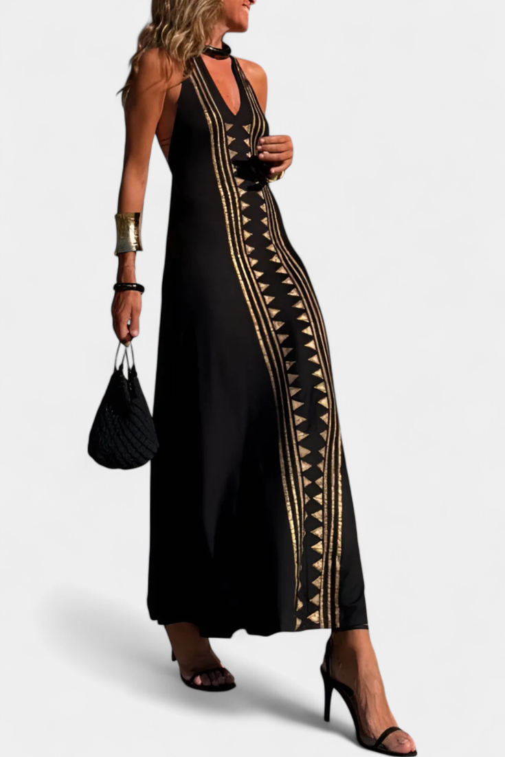Long Halter Dress with Open Back and Gold Print