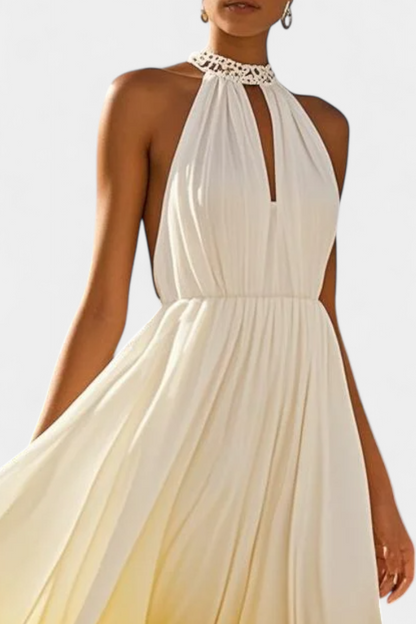 Starla Pleated Halter Dress with Pearl Details