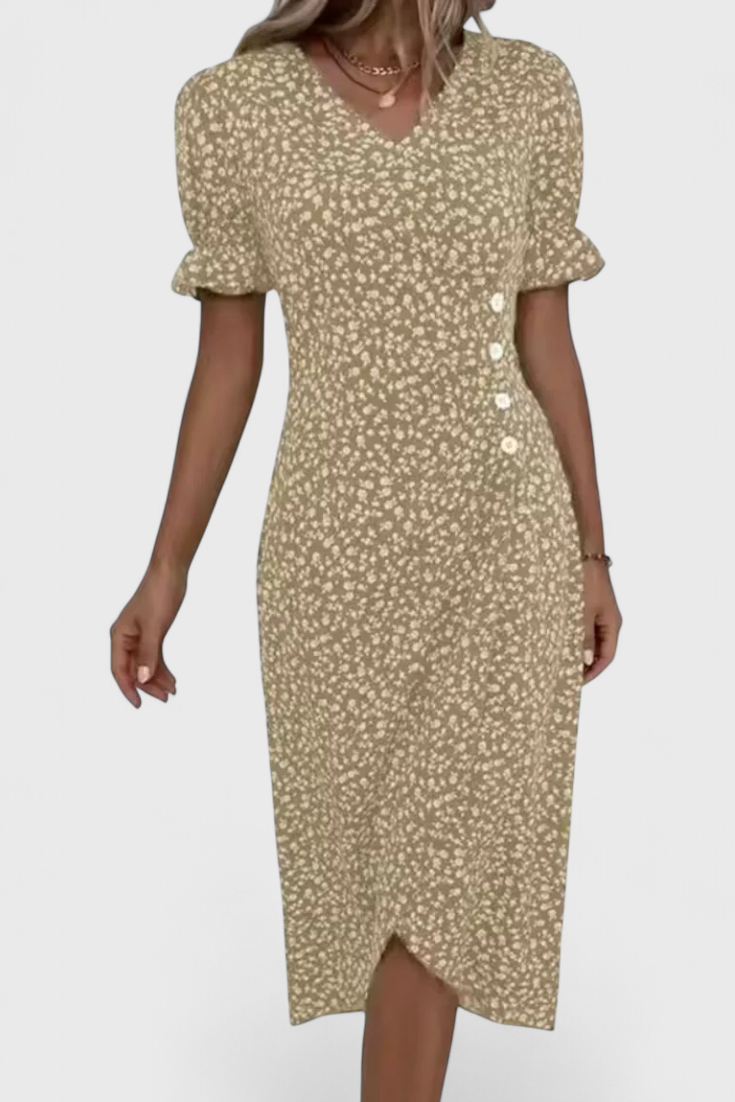 Joana Floral Midi Dress with V-Neckline and Short Sleeves