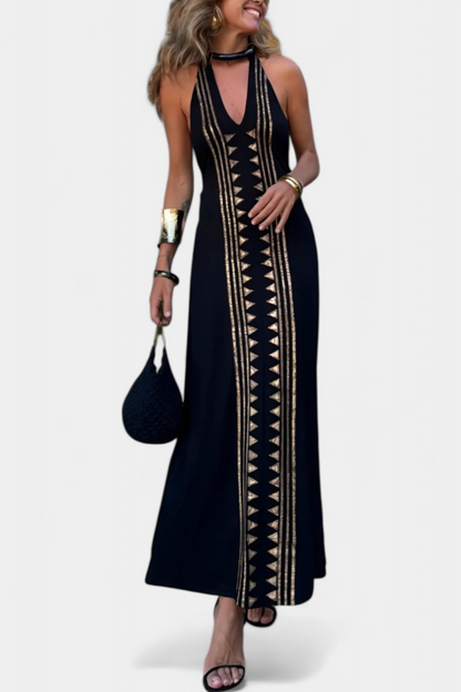 Long Halter Dress with Open Back and Gold Print
