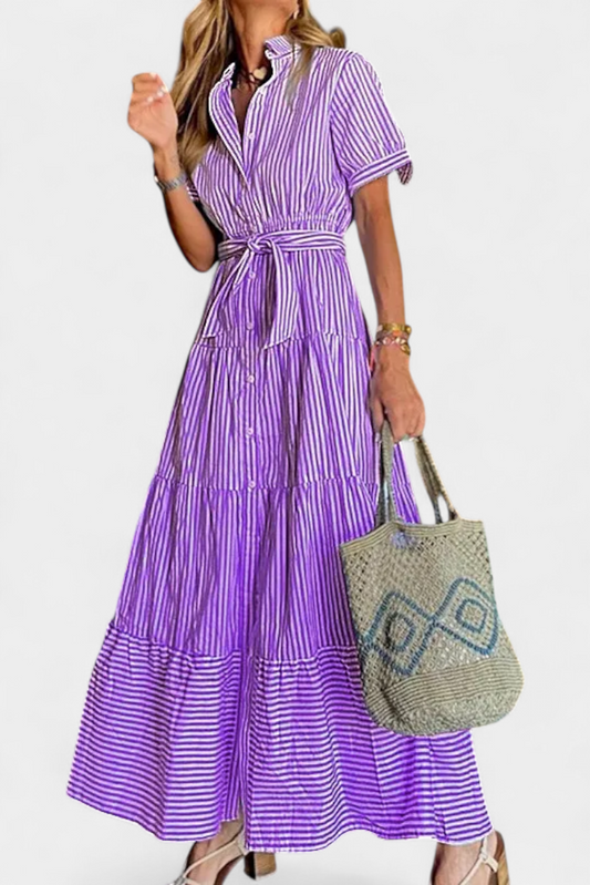 Maya Long Striped Shirt Dress with Belt