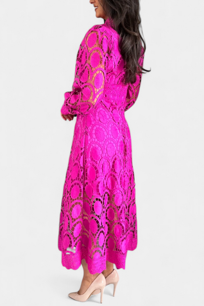 Jovie High Neck Embroidered Lace Midi Dress