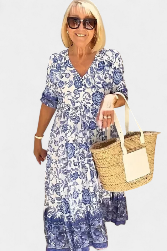 Elcira Floral Dress with Bohemian Touch and V-Neckline