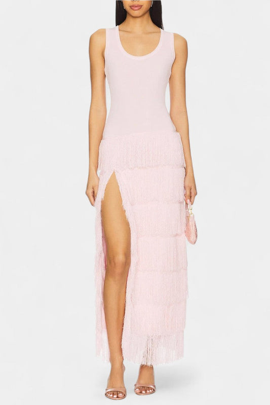 Kalani Layered Fringe Maxi Dress with Side Slit