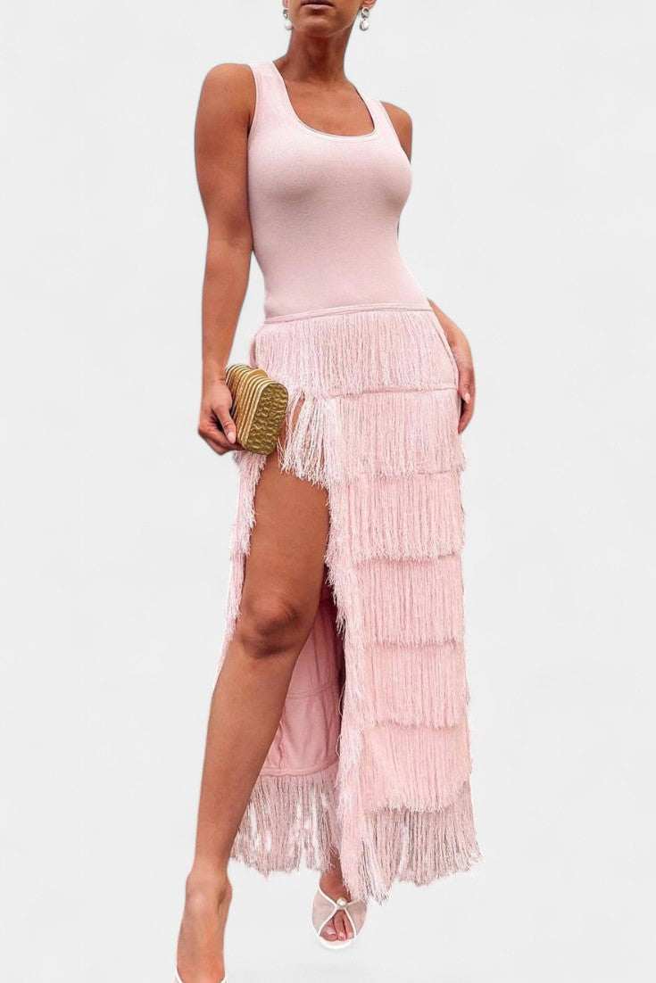 Kalani Layered Fringe Maxi Dress with Side Slit