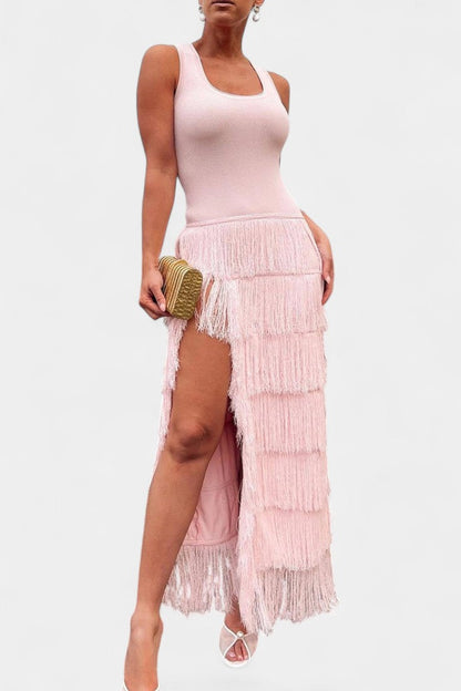 Kalani Layered Fringe Maxi Dress with Side Slit