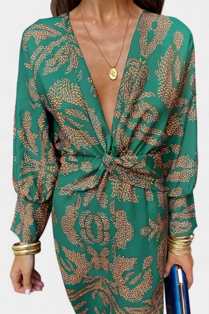 Elara Soft V-Neck Dress with Knot Detail