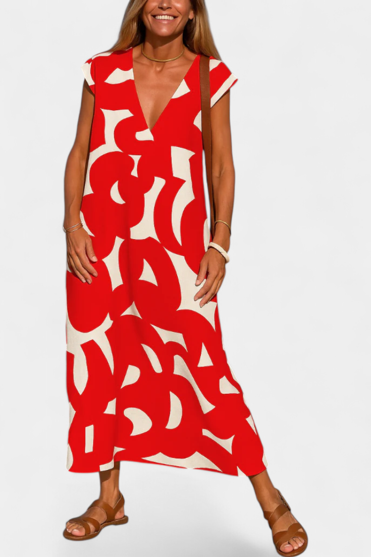 Asela Casual Dress with V-Neckline and Various Prints