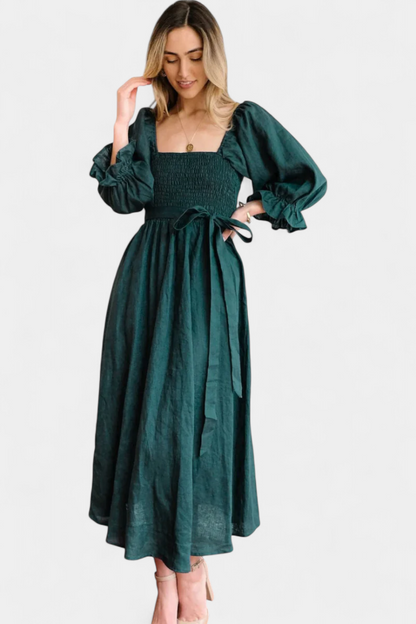 Petra Two-Tier Dress with Ruched Bodice and Puff Sleeves