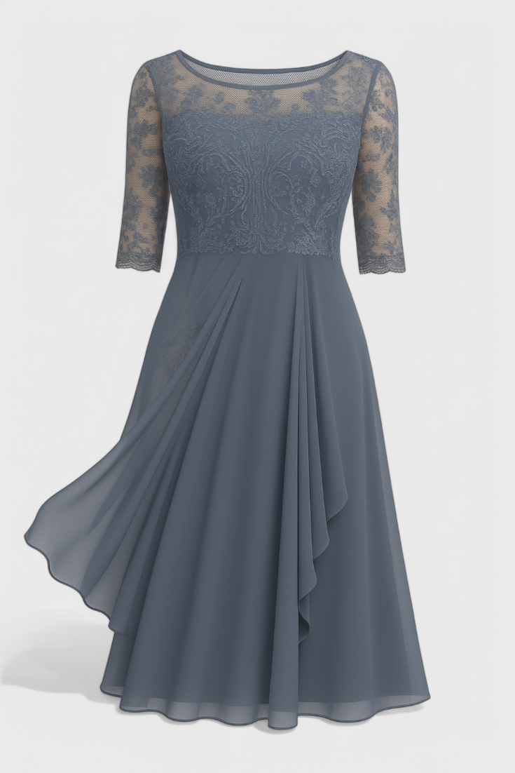 Abby Midi Dress with Illusion Neckline and Embroidery