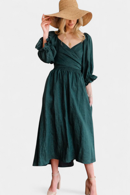 Petra Two-Tier Dress with Ruched Bodice and Puff Sleeves