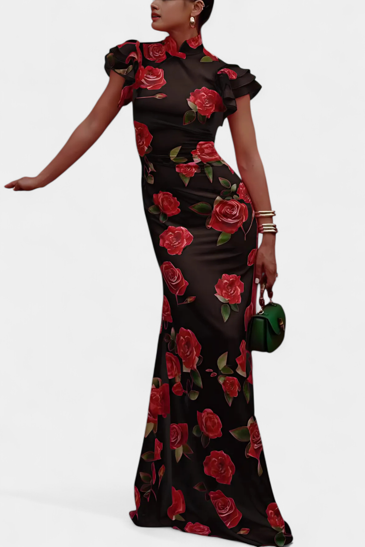 Mayra Elegant Qipao Dress with Rose Print