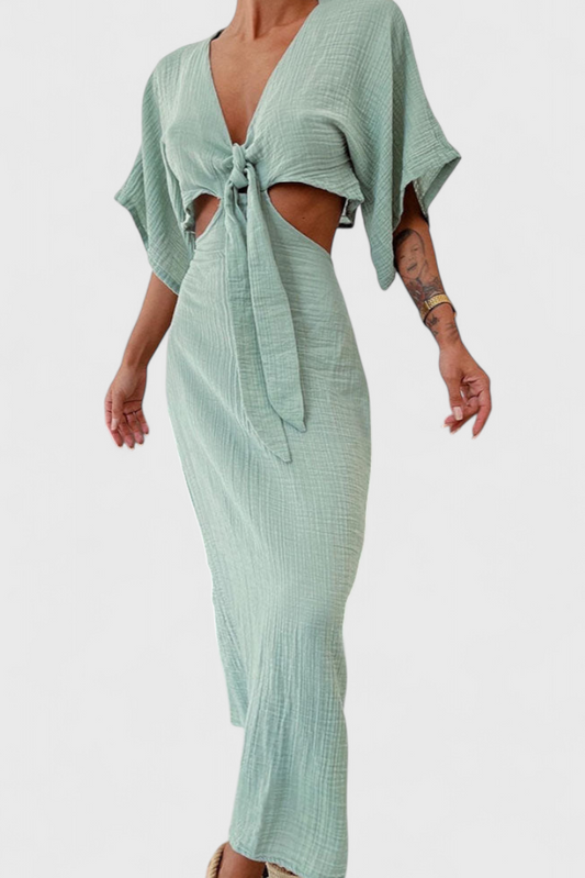 Myra Long Dress with Front Bow and Cut-Out Details
