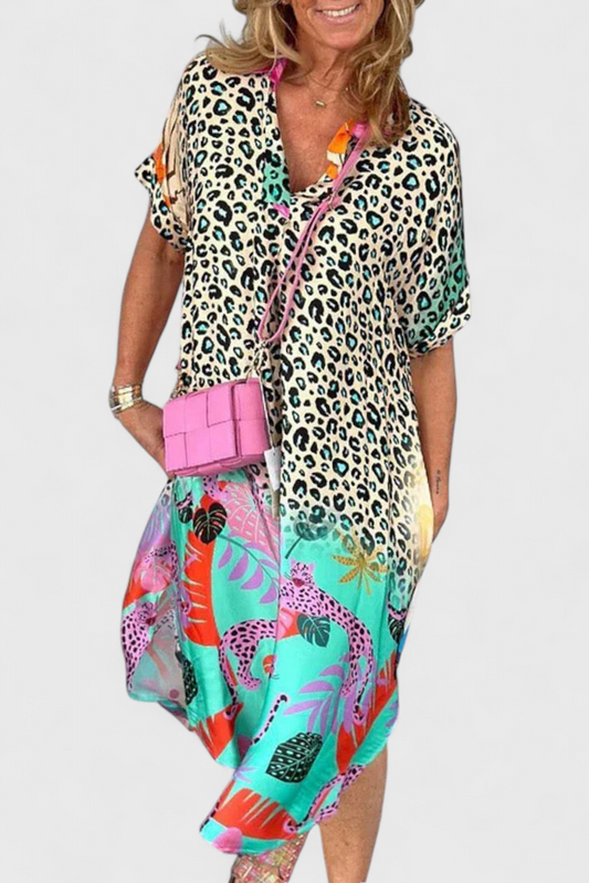 Gala Casual Boho Dress with Leopard Print and V-Neckline
