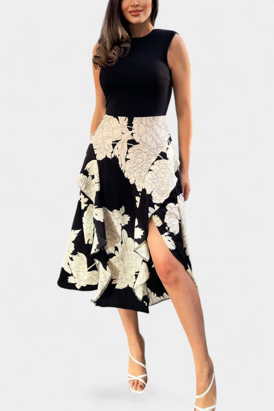 Raquel Dress: Knit Top and Floral Skirt with Slit