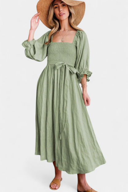 Petra Two-Tier Dress with Ruched Bodice and Puff Sleeves