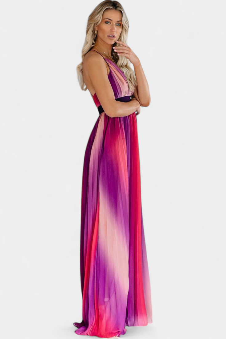 Cecilia Pleated Dress with Open Back and Gradient Design