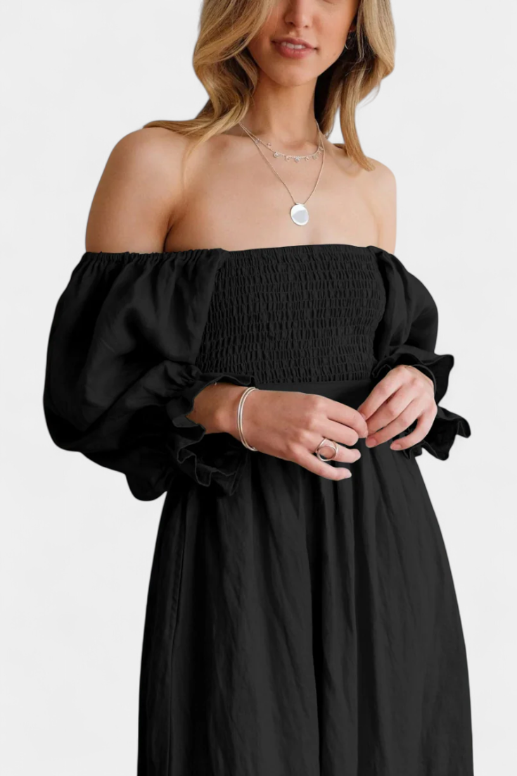 Petra Two-Tier Dress with Ruched Bodice and Puff Sleeves