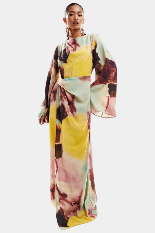 Dana Watercolor Maxi Dress with Twist Front Detail