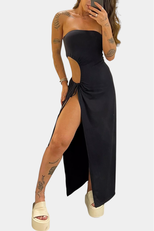 Teuta Strapless Dress with Side Bow and High Slit