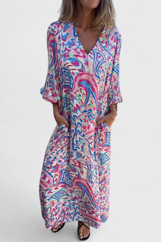 Carmina Bohemian Maxi Dress with V-Neckline and Abstract Design