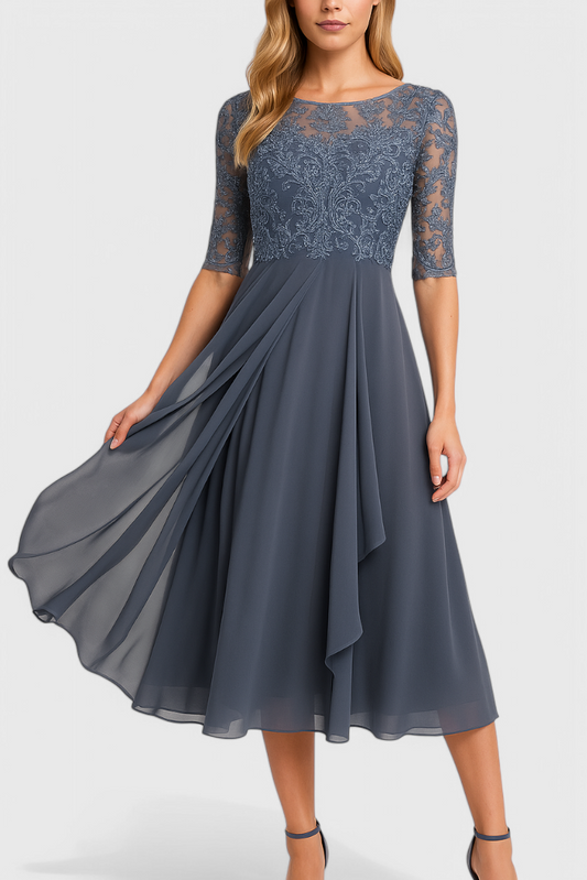 Abby Midi Dress with Illusion Neckline and Embroidery