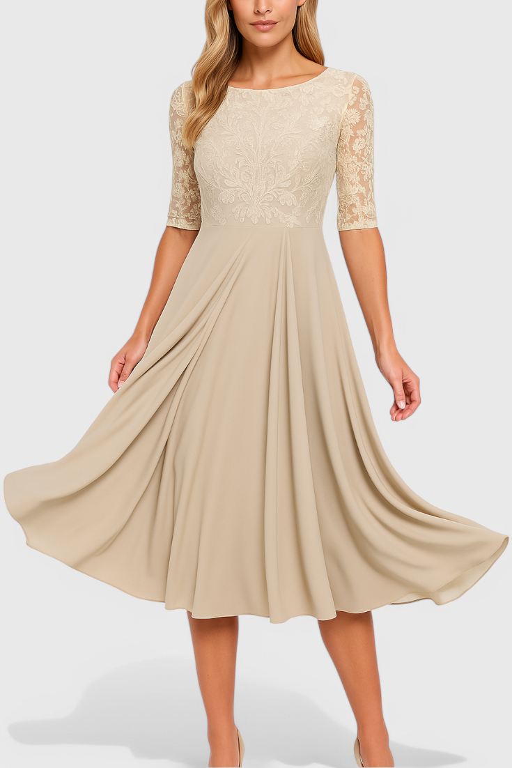 Abby Midi Dress with Illusion Neckline and Embroidery