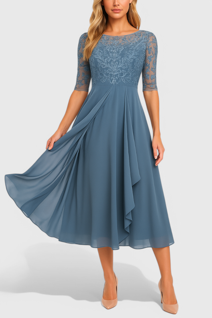 Abby Midi Dress with Illusion Neckline and Embroidery