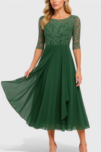 Abby Midi Dress with Illusion Neckline and Embroidery